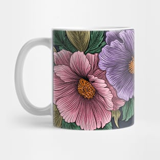 Lilac and pink flowers with green leaves. Mug